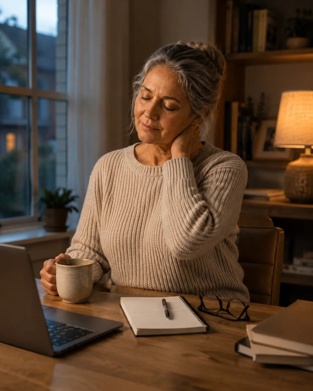 Woman at a home desk with a laptop, one hand raised to the back of her neck, eyes closed with quiet tension