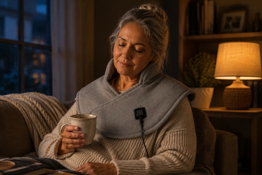 Woman with grey hair relaxing on a couch at home with eyes closed, wearing the Nolvara heating wrap, holding a warm mug
