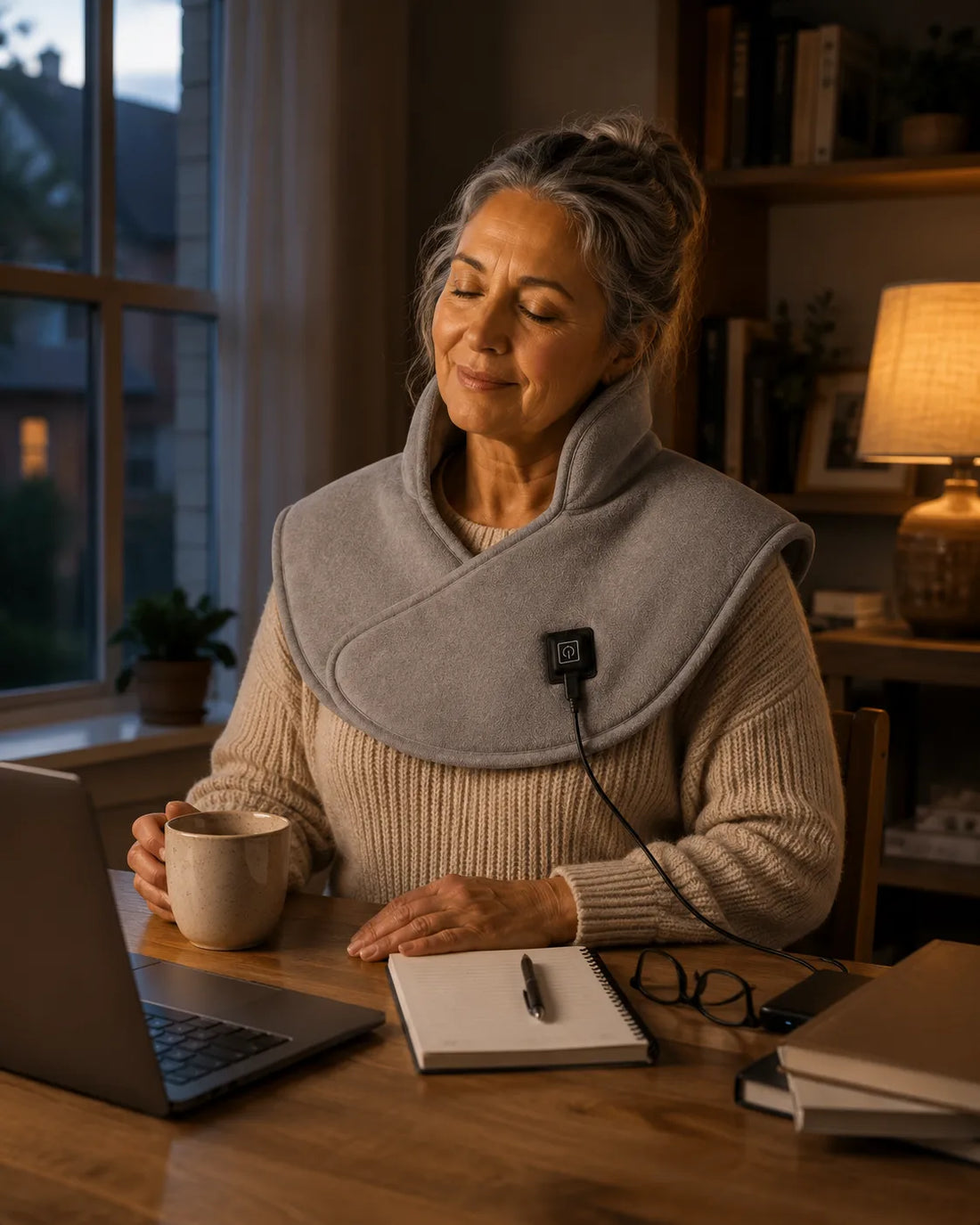 Same woman at the same desk, now wearing the Nolvara heating wrap, eyes closed with a soft contented smile, visibly relaxed