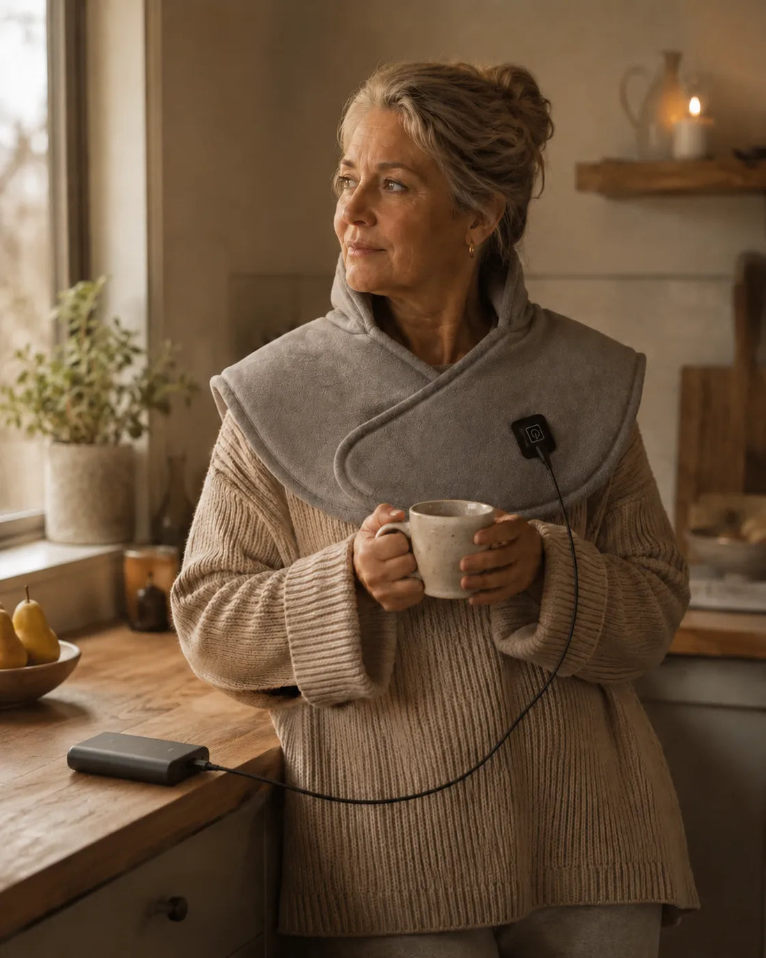 Woman standing in a warm kitchen wearing the Nolvara heating wrap, holding a mug and looking out the window, a power bank plugged in on the counter