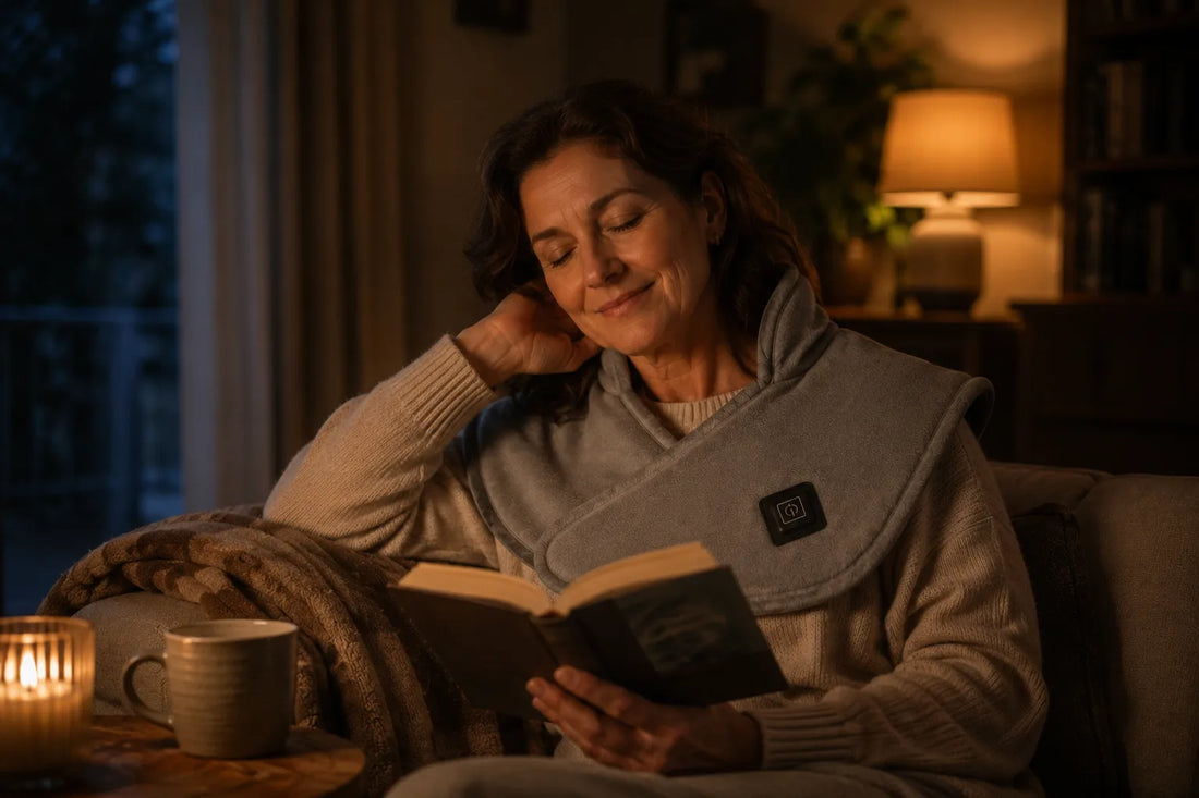 Woman reading a book on a couch by candlelight, wearing the Nolvara heating wrap, a mug on the side table beside her