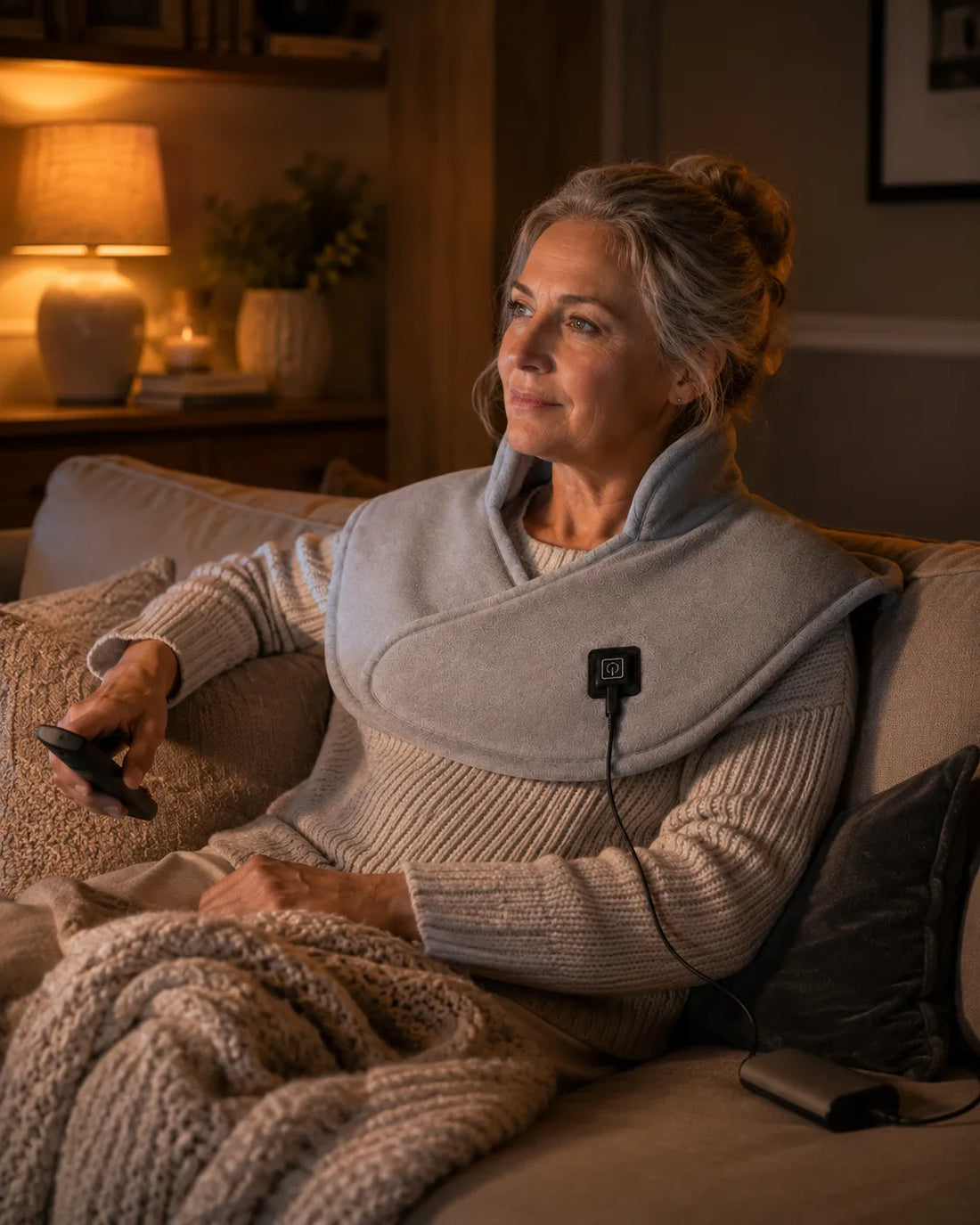 Woman settled into a couch in the evening, wearing the Nolvara heating wrap, remote control in hand, a throw blanket over her lap, warm lamp light