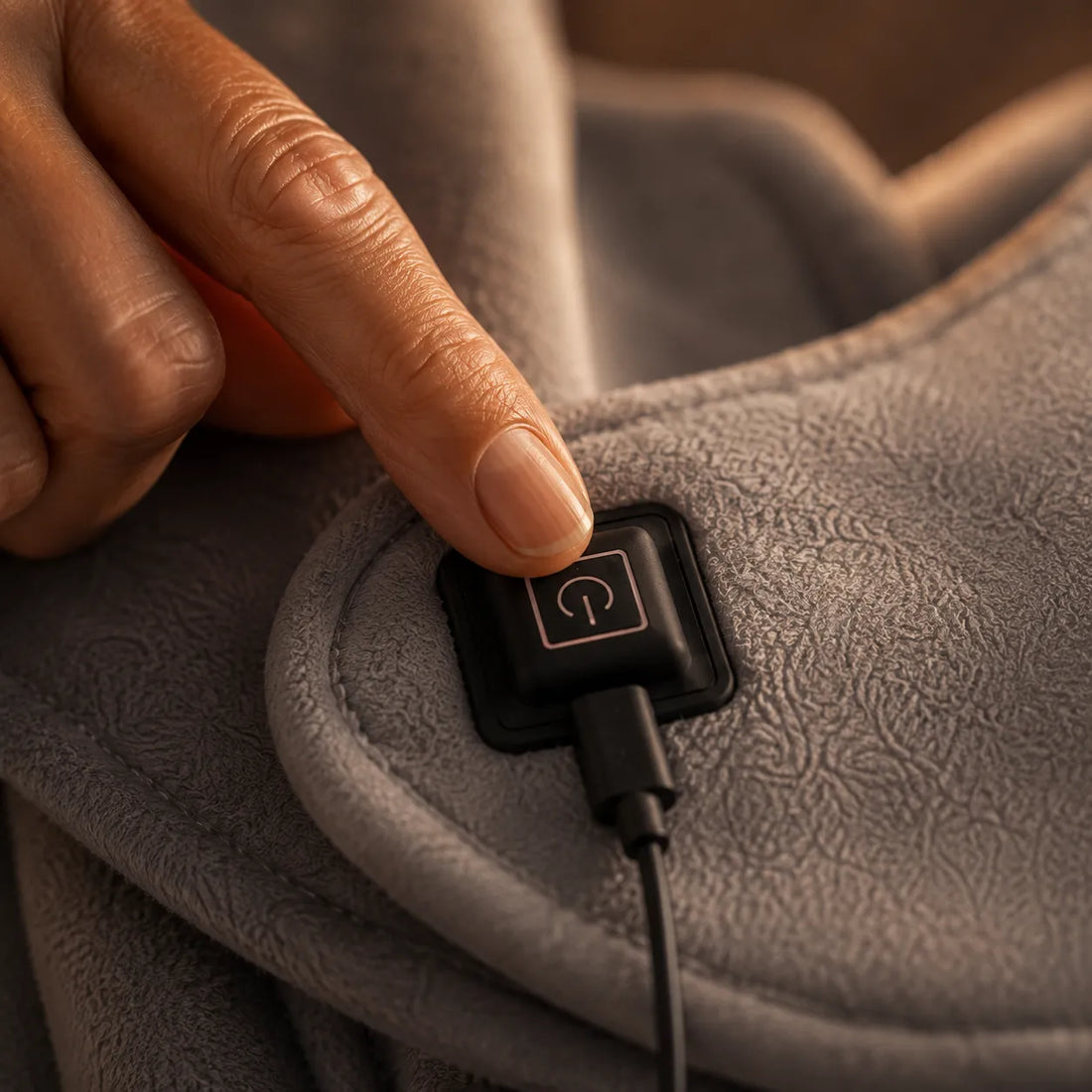 Macro close-up of a fingertip pressing the single-button heat controller